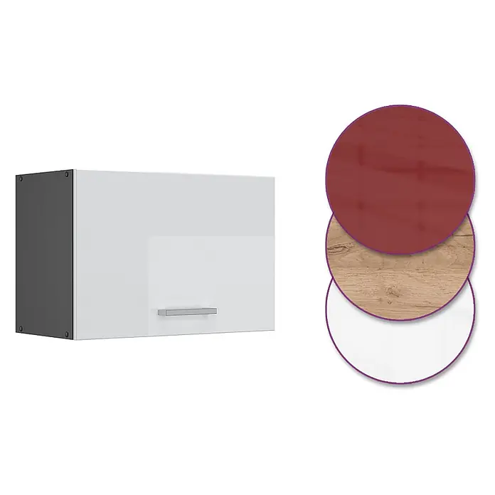 Vicco Schrankküche R-Line Weiß Hochglanz Flach - Weiß Hochglanz, Hängeschrank 60 cm (flach) - Weißer Hängeschrank mit grauer Seite, silbernem Griff und Materialmuster (rot, Holz, weiß).