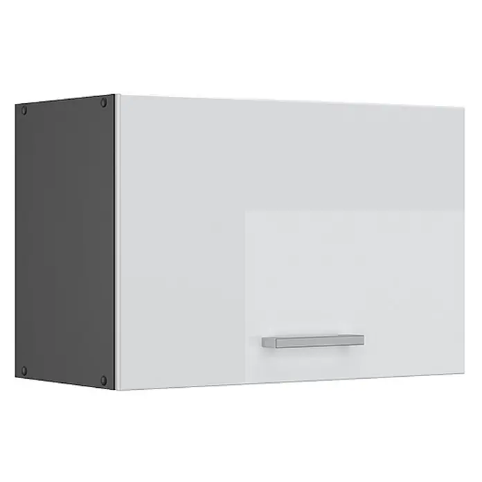 Vicco Schrankküche R-Line Weiß Hochglanz Flach - Weiß Hochglanz, Hängeschrank 60 cm (flach) - Weißer Hängeschrank mit dunkelgrauen Seiten und einem silbernen Griff.