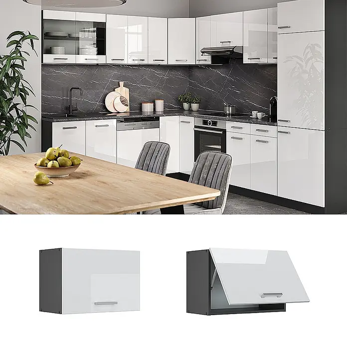 Vicco Schrankküche R-Line Weiß Hochglanz Flach - Weiß Hochglanz, Hängeschrank 60 cm (flach) - Weißer Hochglanz-Küchenwandschrank mit dunkelgrauem Korpus, geschlossen und mit offener Klapptür gezeigt.