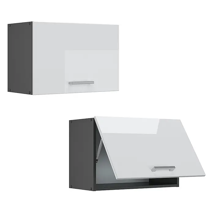 Vicco Schrankküche R-Line Weiß Hochglanz Flach - Weiß Hochglanz, Hängeschrank 60 cm (flach) - Zwei moderne Hängeschränke mit dunkelgrauem Korpus und glänzend weißen Klapptüren; einer geschlossen, einer offen.