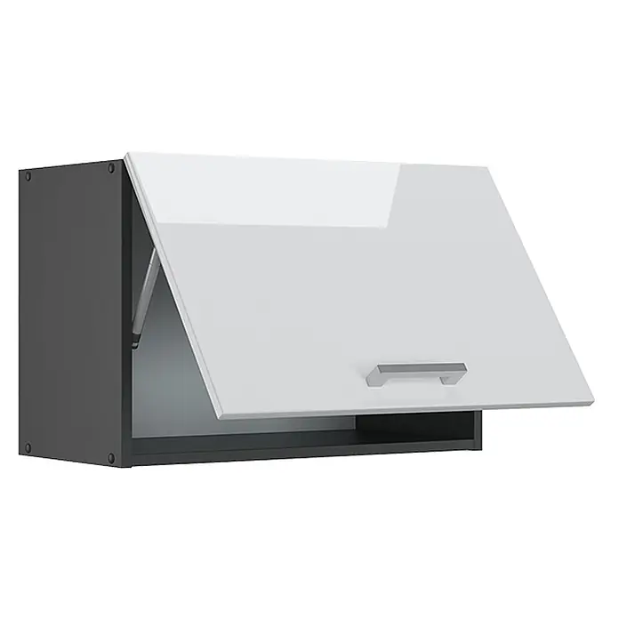 Vicco Schrankküche R-Line Weiß Hochglanz Flach - Weiß Hochglanz, Hängeschrank 60 cm (flach) - Grauer Hängeschrank mit glänzender weißer Klapptür und silbernem Griff, geöffnet gezeigt.