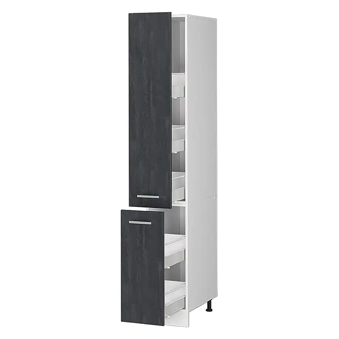 Vicco Schrankküche R-Line Schwarz Beton - Schwarz Beton, Apothekerhochschrank 30 cm - Hoher Küchenschrank mit dunkelgrauen, strukturierten Türen und ausziehbaren Schubladen.