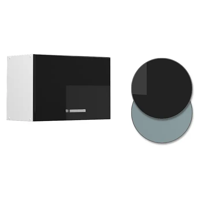 Vicco Schrankküche R-Line Schwarz Hochglanz Flach - Schwarz Hochglanz, Hängeschrank 60 cm (flach) - Schwarzer Hochglanz-Hängeschrank mit weißer Seitenwand und silbernem Griff.