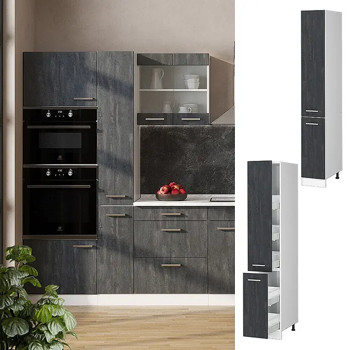 Vicco Schrankküche R-Line Schwarz Beton - Schwarz Beton, Apothekerhochschrank 30 cm - Dunkelgraue, strukturierte Küchenschränke mit integrierten Öfen und passenden Hochschränken.