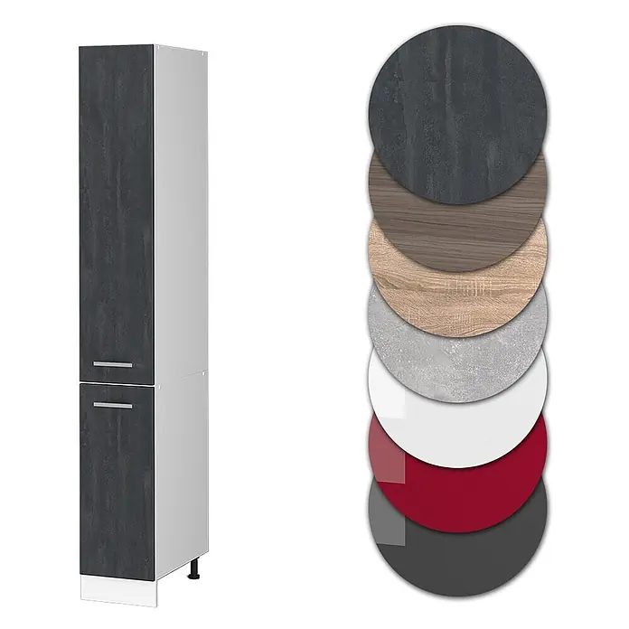 Vicco Schrankküche R-Line Schwarz Beton - Schwarz Beton, Apothekerhochschrank 30 cm - Hoher Schrank mit dunkelgrauen strukturierten Türen und hellgrauen Seiten, dazu kreisförmige Muster verschiedener Oberflächen.