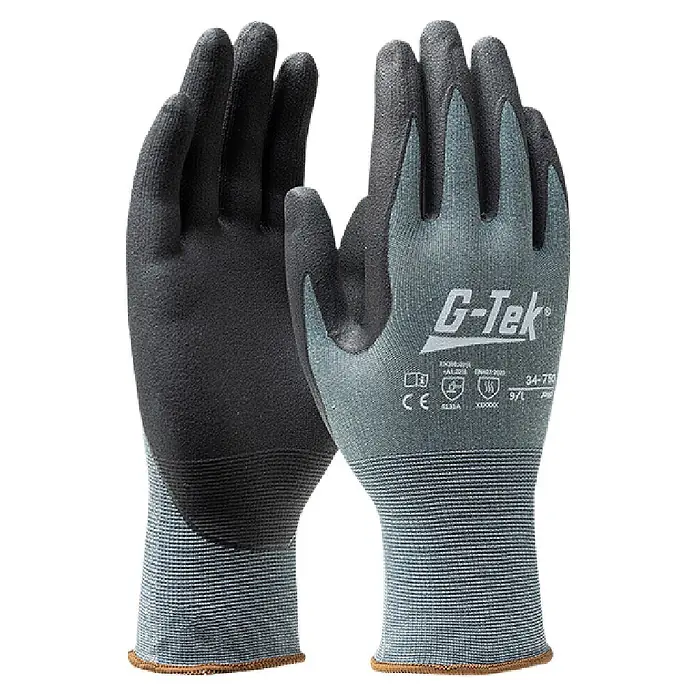 Guantes de trabajo G-Tek X-Treme - Talla del guante: 10, Gris/Negro, Nylon/Spandex/Nitrilo, 4 ud. - Guantes de trabajo G-Tek negros y grises con agarre texturizado y tejido de punto. Certificaciones visibles.