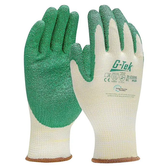 Guantes de trabajo G-Tek 3RX - Talla del guante: 9, Beige/Verde, RPET/Poliéster/Látex arrugado - Par de guantes de trabajo G-Tek. Tienen una base de punto blanquecino con palmas y dedos verdes texturizados, y puños marrones. Hechos de poliéster reciclat.