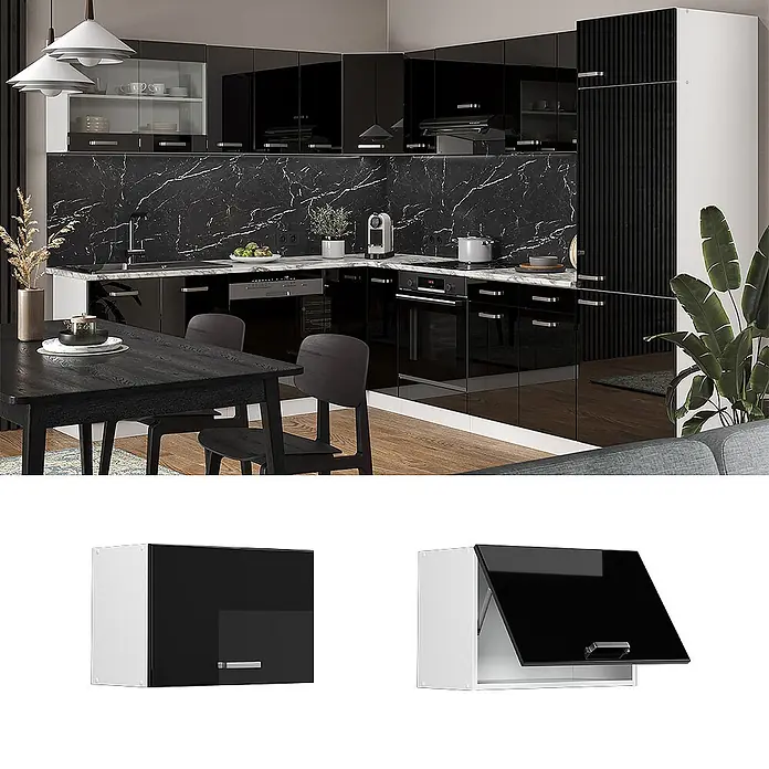 Vicco Schrankküche R-Line Schwarz Hochglanz Flach - Schwarz Hochglanz, Hängeschrank 60 cm (flach) - Schwarze Hochglanzküche in modernem Design mit Marmor-Effekt-Spritzschutz.