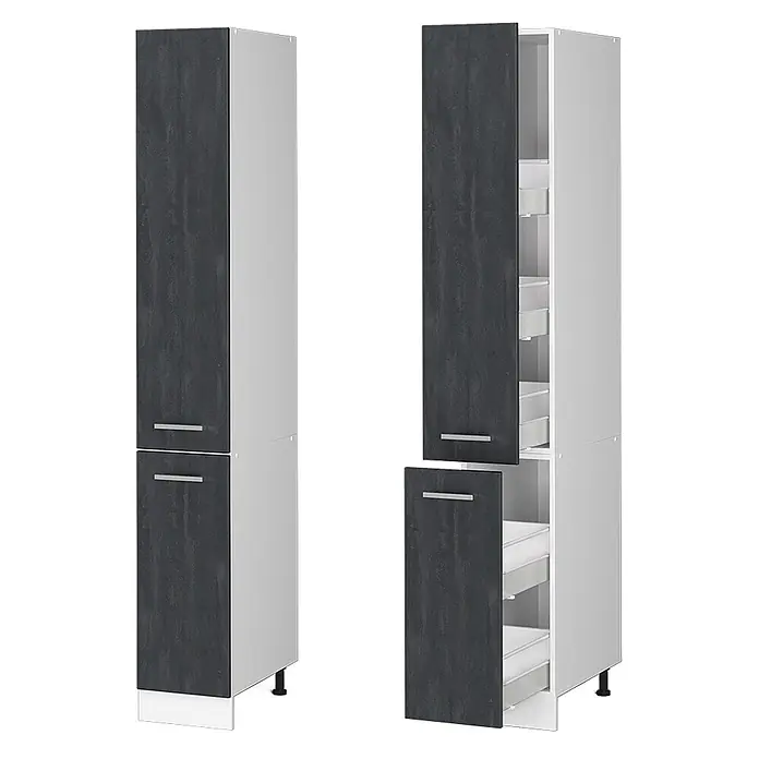 Vicco Schrankküche R-Line Schwarz Beton - Schwarz Beton, Apothekerhochschrank 30 cm - Hoher Küchenschrank mit dunkelgrauen strukturierten Türen und weißem Korpus, geschlossen und mit ausziehbaren Innenschubladen gezeigt.