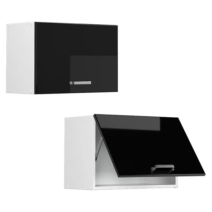 Vicco Schrankküche R-Line Schwarz Hochglanz Flach - Schwarz Hochglanz, Hängeschrank 60 cm (flach) - Zwei weiße Wandschränke mit schwarzen Hochglanz-Klapptüren, einer geschlossen und einer offen.