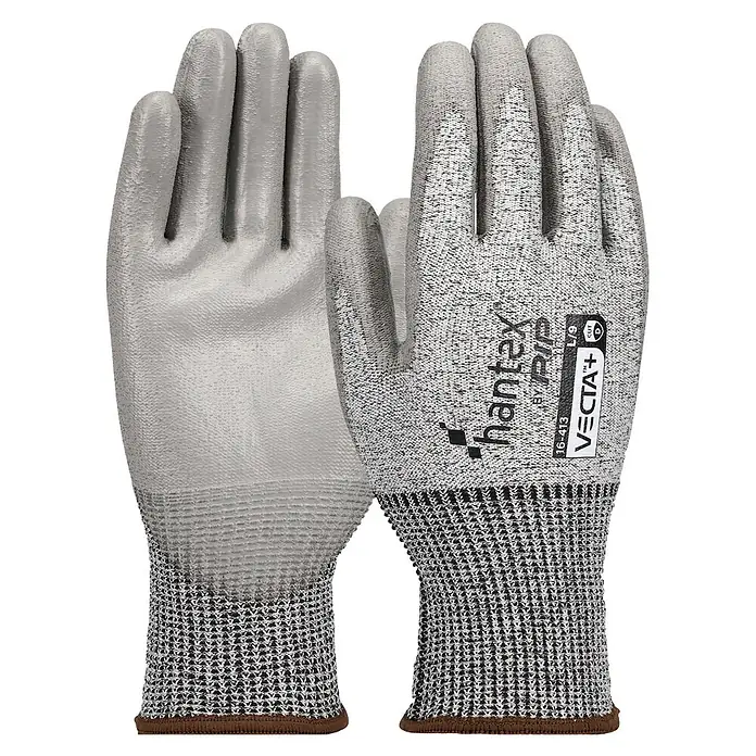 Guantes de trabajo Hantex Vecta+ - Talla del guante: 8, Gris, Polykor, fibra de vidrio y Spandex - Par de guantes de trabajo grises resistentes a cortes con palmas texturizadas y puños tejidos.