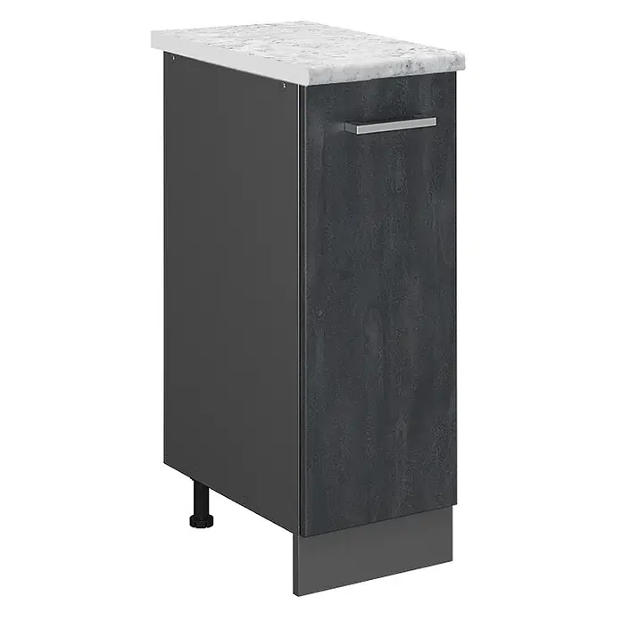 Vicco Schrankküche R-Line Schwarz Beton AP Marmor - Schwarz Beton, Apothekerunterschrank 30 cm - Schmales dunkelgraues Küchenunterschrank mit weißer Marmorplatte, silbernem Griff und dunkler Sockelblende.