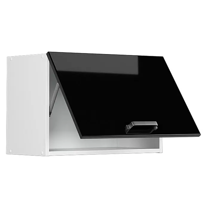 Vicco Schrankküche R-Line Schwarz Hochglanz Flach - Schwarz Hochglanz, Hängeschrank 60 cm (flach) - Weißer Küchenoberschrank mit glänzend schwarzer Klapptür, teilweise geöffnet, um den Innenraum und Gasdruckdämpfer zu zeigen.
