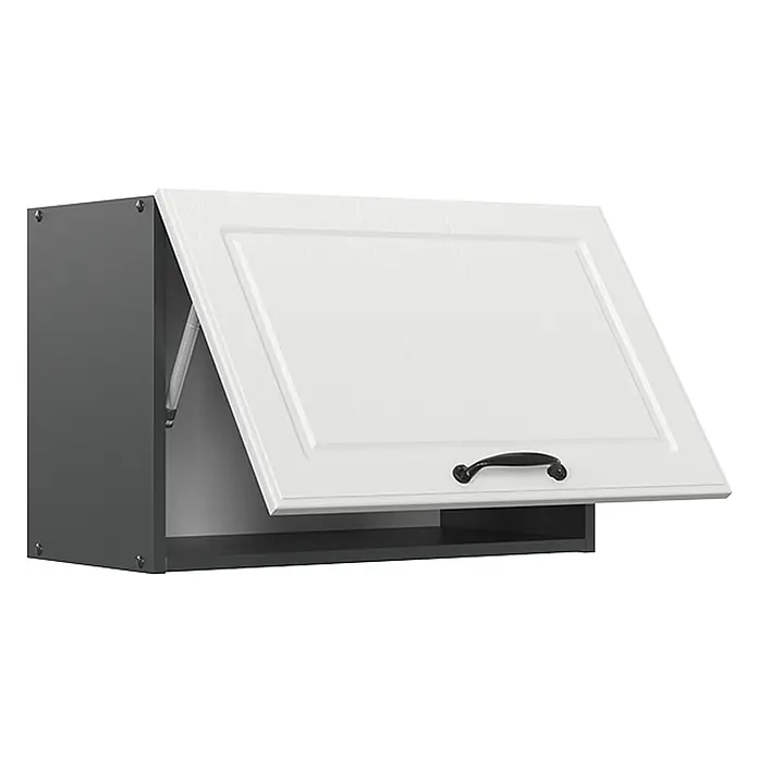 Vicco Schrankküche R-Line Weiß Landhaus Flach - Weiß Landhaus, Hängeschrank 60 cm (flach) - Dunkelgrauer Küchenoberschrank mit weißer, nach oben öffnender Tür, schwarzem Griff und Gasdruckfedern.