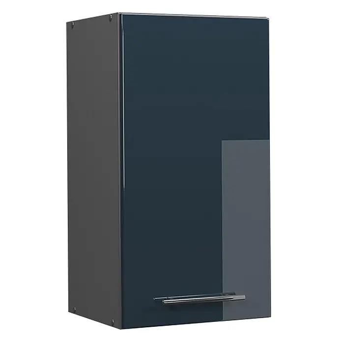Vicco Schrankküche Fame-Line Dunkelblau Hochglanz - Dunkelblau Hochglanz, Hängeschrank 40 cm - Dunkelblauer Hochglanz-Wandschrank mit grauer Seitenwand und schlankem Metallgriff.