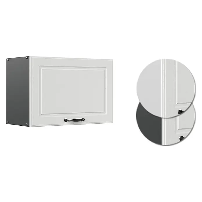 Vicco Schrankküche R-Line Weiß Landhaus Flach - Weiß Landhaus, Hängeschrank 60 cm (flach) - Weißer Küchen-Hängeschrank mit Kassettentür und schwarzem Griff. Dunkelgraue Seitenwand sichtbar.
