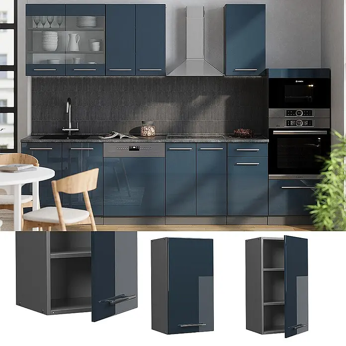Vicco Schrankküche Fame-Line Dunkelblau Hochglanz - Dunkelblau Hochglanz, Hängeschrank 40 cm - Glänzendes, dunkelblaues, modulares Küchenschrank-Set mit silbernen Griffen, einschließlich Ober- und Unterschränken, Spüle und integrierten Geräten.