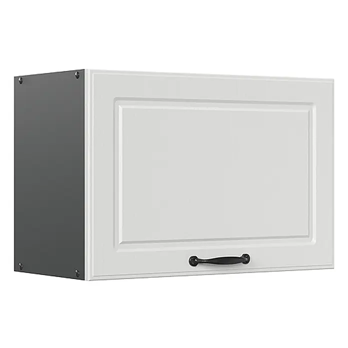 Vicco Schrankküche R-Line Weiß Landhaus Flach - Weiß Landhaus, Hängeschrank 60 cm (flach) - Weißer Küchenoberschrank mit Kassettentür, dunkelgrauer Seite und schwarzem Griff.