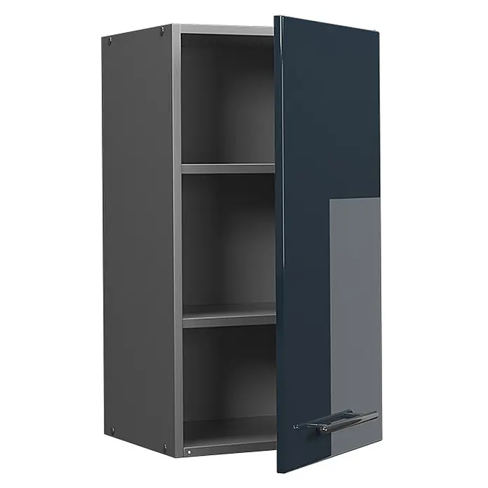 Vicco Schrankküche Fame-Line Dunkelblau Hochglanz - Dunkelblau Hochglanz, Hängeschrank 40 cm - Dunkelgrauer Wandschrank mit zwei Innenregalen und teilweise geöffneter, glänzender dunkelblauer Tür mit hellgrauem Paneel und Griff.