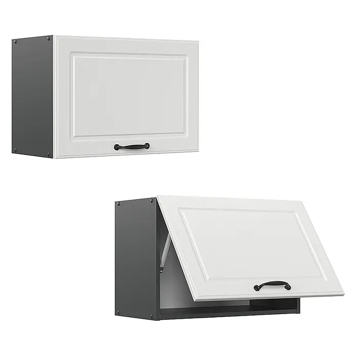 Vicco Schrankküche R-Line Weiß Landhaus Flach - Weiß Landhaus, Hängeschrank 60 cm (flach) - Weißer Küchenoberschrank mit dunkelgrauem Rahmen, geschlossen und offen mit Hebetürfunktion und schwarzem Griff dargestellt.
