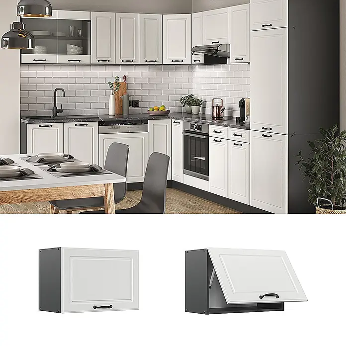 Vicco Schrankküche R-Line Weiß Landhaus Flach - Weiß Landhaus, Hängeschrank 60 cm (flach) - Weiße Küchenschränke mit schwarzen Griffen in einer modernen Küche, zeigt einen aufklappbaren Oberschrank.