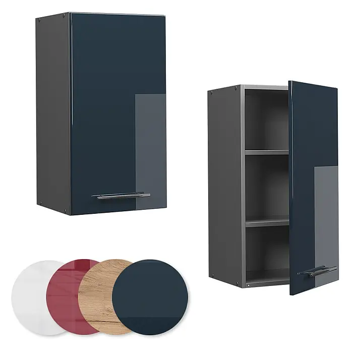 Vicco Schrankküche Fame-Line Dunkelblau Hochglanz - Dunkelblau Hochglanz, Hängeschrank 40 cm - Dunkelblauer, glänzender Wandschrank mit silbernem Griff, geschlossen und offen mit Regalböden dargestellt. In verschiedenen Farben erhältlich.