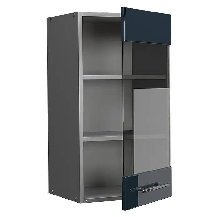Vicco Schrankküche Fame-Line Dunkelblau Hochglanz - Dunkelblau Hochglanz, Hängeglasschrank 40 cm - Dunkelgrauer Wandschrank mit hellgrauen Einlegeböden, einer Glastür mit dunkelblauen Paneelen und silbernem Griff.