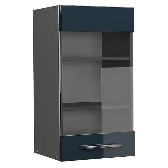 Vicco Schrankküche Fame-Line Dunkelblau Hochglanz - Dunkelblau Hochglanz, Hängeglasschrank 40 cm - Dunkelblauer und grauer Hängeschrank mit Glastür, Regalböden und einer unteren Schublade mit silbernem Griff.