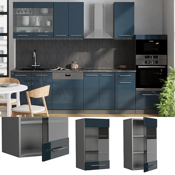 Vicco Schrankküche Fame-Line Dunkelblau Hochglanz - Dunkelblau Hochglanz, Hängeglasschrank 40 cm - Blaue hochglänzende Küchenschränke mit Glaseinsätzen in moderner Küche.