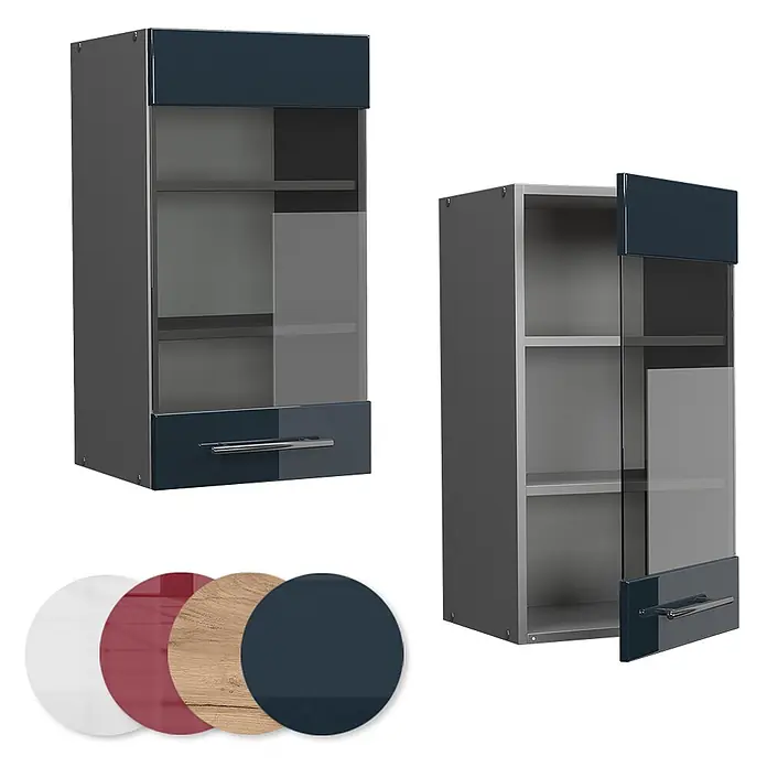 Vicco Schrankküche Fame-Line Dunkelblau Hochglanz - Dunkelblau Hochglanz, Hängeglasschrank 40 cm - Modernes dunkelgraues Hängeschrank mit glänzend dunkelblauen Akzenten und Glastür, gezeigt mit verschiedenen Oberflächenoptionen.