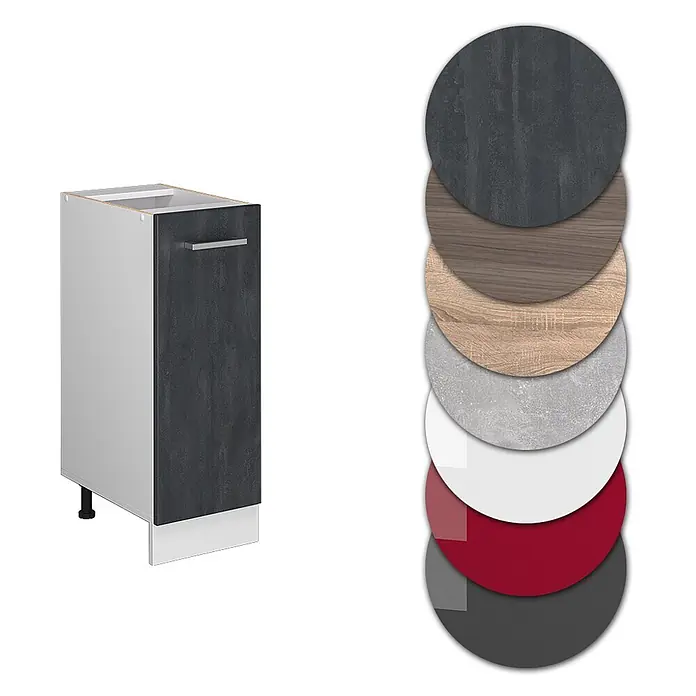 Vicco Schrankküche R-Line Schwarz Beton AP Eiche - Schwarz Beton, Apothekerunterschrank 30 cm, AP Eiche - Weißer Küchenunterschrank mit dunkelgrauer Steintür, Metallgriff und Materialmustern.