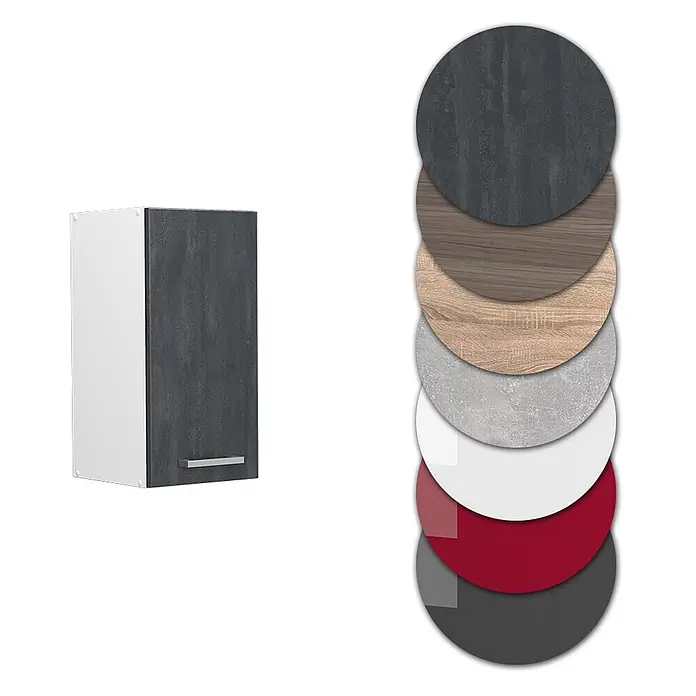 Vicco Hängeschrank R-Line, Schwarz Beton, 30 cm -  - Wandschrank mit dunkelgrauer strukturierter Tür, Metallgriff und Materialmustern in verschiedenen Ausführungen.