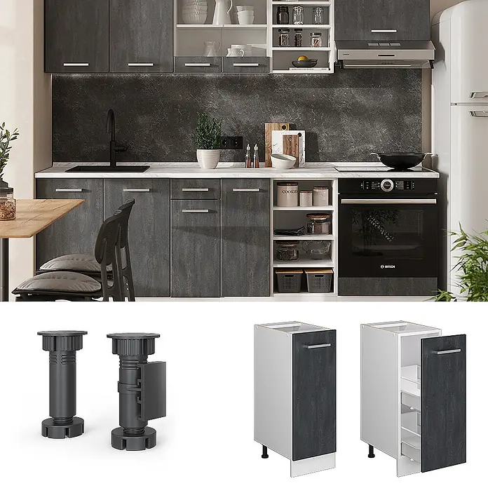 Vicco Schrankküche R-Line Schwarz Beton AP Eiche - Schwarz Beton, Apothekerunterschrank 30 cm, AP Eiche - Moderne Küche mit dunkelgrauen strukturierten Schränken, weißen Arbeitsplatten und offenen Regalen.