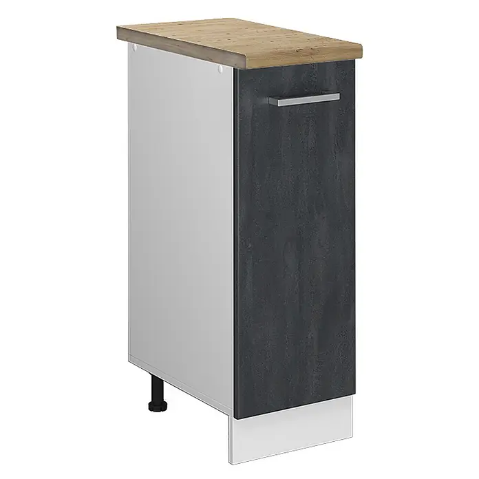 Vicco Schrankküche R-Line Schwarz Beton AP Eiche - Schwarz Beton, Apothekerunterschrank 30 cm, AP Eiche - Modernes Unterschrankmodul mit heller Holzplatte, dunkelgrauer Strukturtür, Metallgriff, weißen Seitenwänden und verstellbaren Füßen mit Sockel.