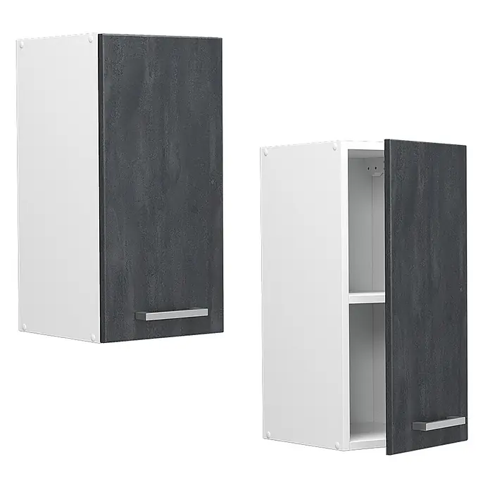 Vicco Hängeschrank R-Line, Schwarz Beton, 30 cm -  - Zwei Hängeschränke mit weißen Korpen und dunkelgrauen Türen, einer geschlossen, einer offen mit Regal, mit silbernen Griffen.
