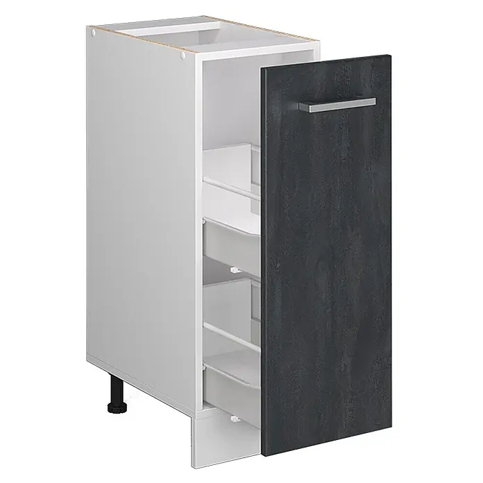 Vicco Schrankküche R-Line Schwarz Beton AP Eiche - Schwarz Beton, Apothekerunterschrank 30 cm, AP Eiche - Weißer Küchenunterschrank mit dunkelgrauer Strukturtür, silbernem Griff und internen Auszugskörben.