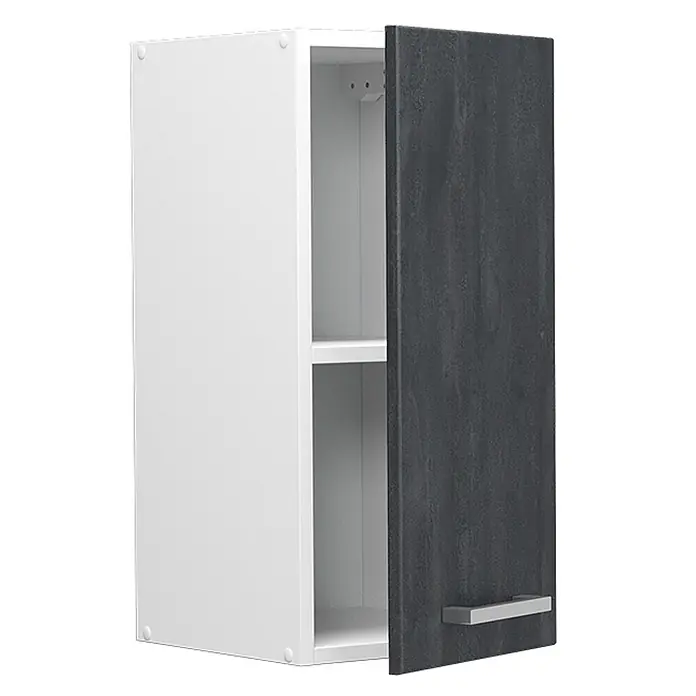 Vicco Hängeschrank R-Line, Schwarz Beton, 30 cm -  - Weißer Hängeschrank mit anthrazitfarbener Strukturfront, leicht geöffnet, mit Innenregal und silbernem Griff.