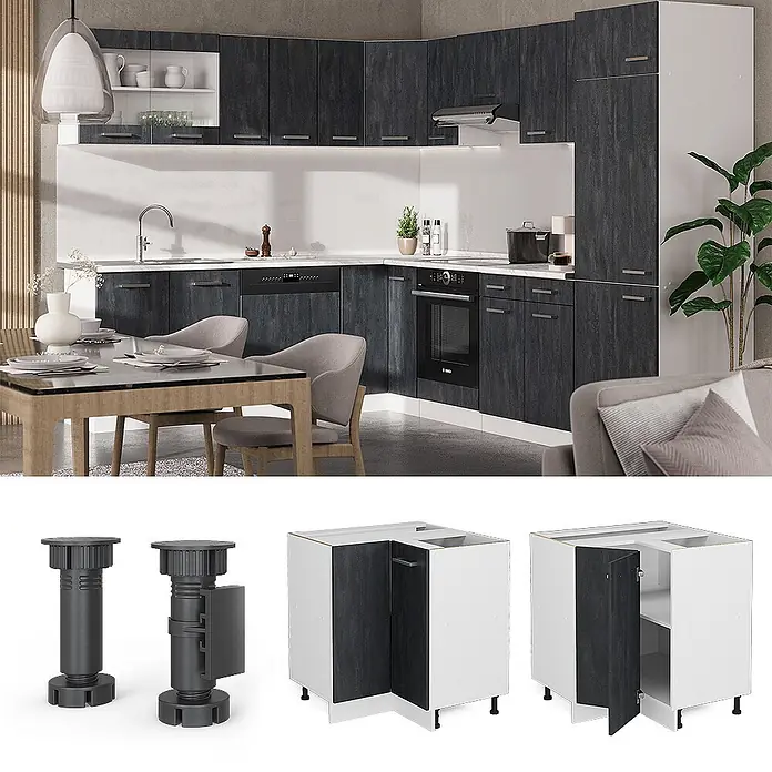 Vicco Schrankküche R-Line Schwarz Beton AP Anthrazit - Schwarz Beton, Eckunterschrank, AP Anthrazit - Moderne L-förmige Küche mit dunklen Holzdekor-Modulschränken, weißen Arbeitsplatten und integrierten Geräten.