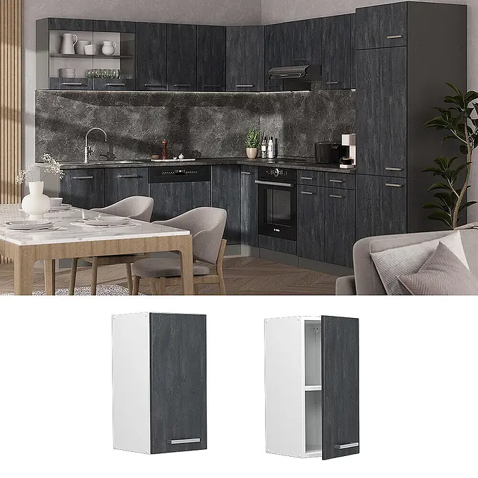Vicco Schrankküche R-Line Schwarz Beton - Schwarz Beton, Hängeschrank 30 cm - Dunkelgraue, texturierte Küchenschränke in modernem Ambiente. Detailaufnahmen zeigen einen weißen Innenraum.