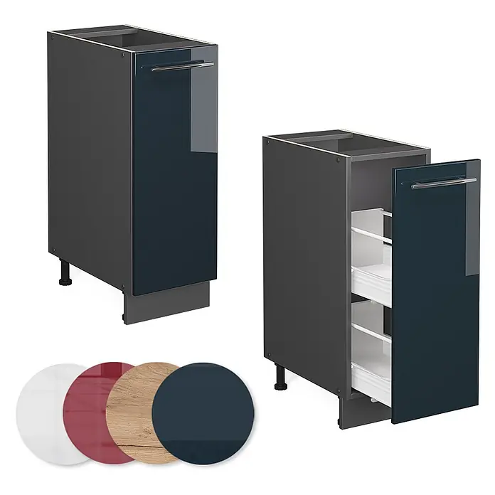 Vicco Schrankküche Fame-Line Dunkelblau Hochglanz, AP Anthrazit - Dunkelblau Hochglanz, Apothekerunterschrank 30 cm, AP Anthrazit - Dunkelgrauer Auszug-Küchenunterschrank mit glänzender dunkelblauer Tür, offen mit Einlegeböden gezeigt. Farbmuster sind abgebildet.