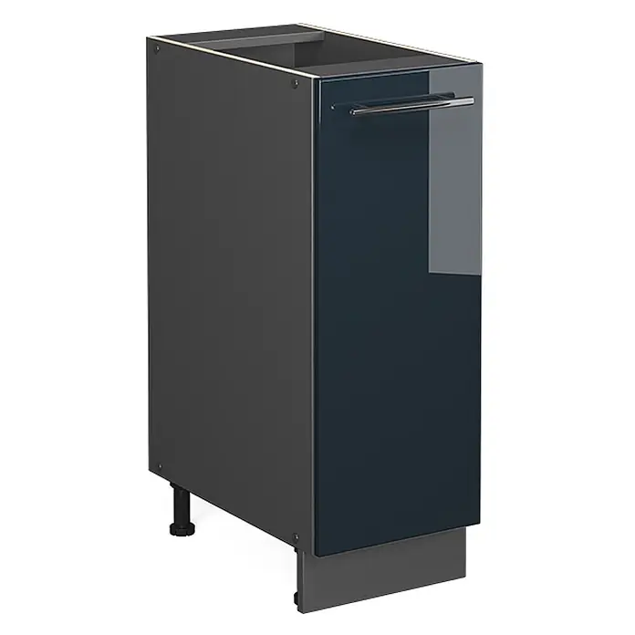 Vicco Schrankküche Fame-Line Dunkelblau Hochglanz ohne Arbeitsplatte - Dunkelblau Hochglanz, Apothekerunterschrank 30 cm - Dunkelgrauer Küchenunterschrank mit glänzender marineblauer Tür, silbernem Griff und verstellbaren schwarzen Füßen, mit grauem Sockel.