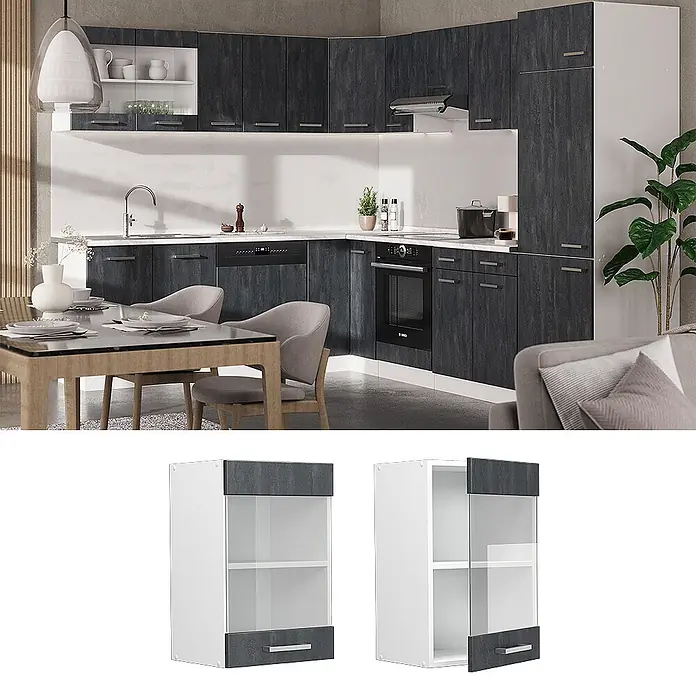 Vicco Schrankküche R-Line Schwarz Beton - Schwarz Beton, Hängeglasschrank 40 cm - Moderne L-förmige Küche mit dunkelgrauen Holzdekor-Schränken, weißen Oberflächen und integrierten Geräten.