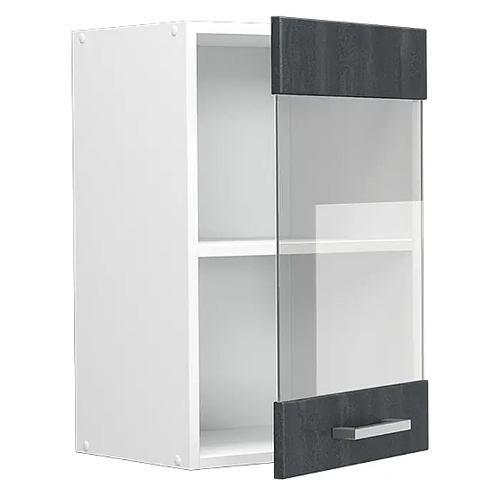Vicco Schrankküche R-Line Schwarz Beton - Schwarz Beton, Hängeglasschrank 40 cm - Weißer Wandschrank mit dunkelgrauer Glastür und silbernem Griff. Teilweise offen, zwei Einlegeböden sichtbar.