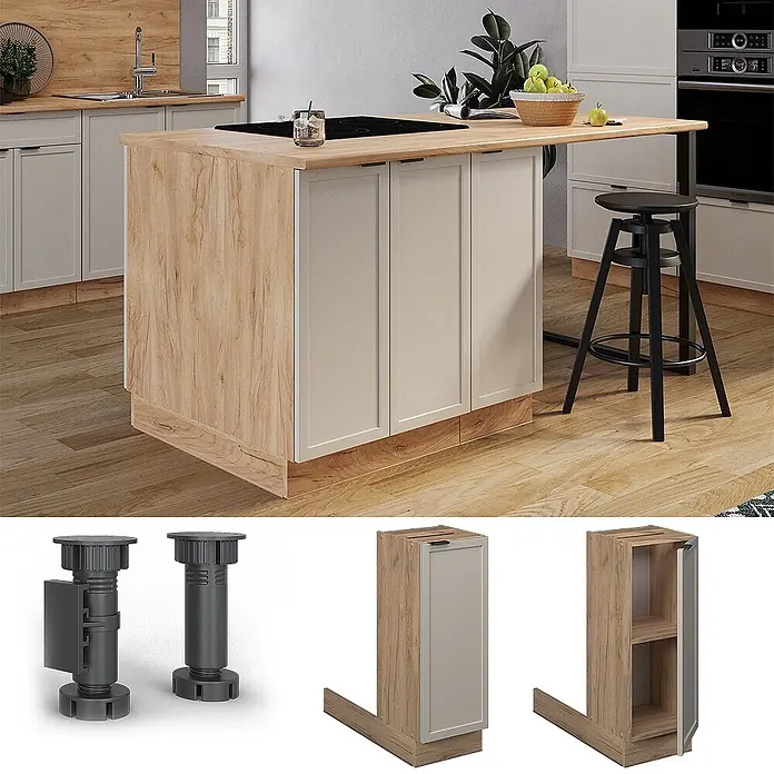 Vicco Inselküche Fame-Line GrauBeige ohne Arbeitsplatte - Breite: 30 cm, GrauBeige, Ohne Elektrogeräte - Modulare Kücheninsel mit heller Holzmaserung und beigen Schranktüren, verstellbaren Füßen, integriertem Kochfeld und Barhockern in moderner Küche.