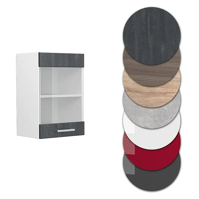 Vicco Schrankküche R-Line Schwarz Beton - Schwarz Beton, Hängeglasschrank 40 cm - Weißer Küchenhängeschrank mit Glas und dunkelgrauen Elementen, in verschiedenen Farben/Materialien erhältlich.
