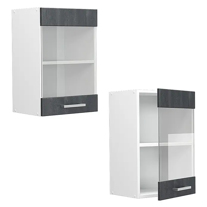 Vicco Schrankküche R-Line Schwarz Beton - Schwarz Beton, Hängeglasschrank 40 cm - Weißer Küchenhängeschrank mit dunkelgrauen strukturierten Blenden, Glasfront und silbernem Griff, geschlossen und offen.