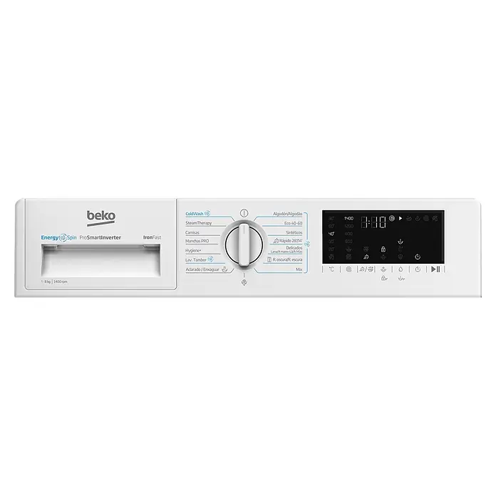 Beko Lavadora B3WBT48435WB - L x An x Al: 55 x 59,5 x 82 cm, 8 kg, 2.200 W - Panel de control blanco de lavadora Beko con selector de programas, pantalla digital y botones, capacidad 1-8 kg, 1400 rpm.