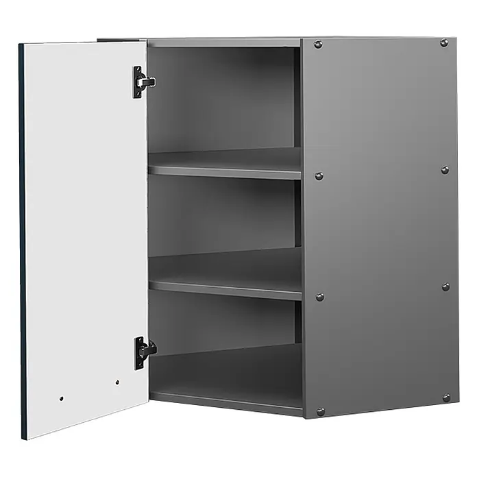 Vicco Schrankküche Fame-Line Dunkelblau Hochglanz - Dunkelblau Hochglanz, Eckhängeschrank 57 cm - Grauer Metallschrank mit offener weißer Tür, drei Regalböden innen sichtbar.