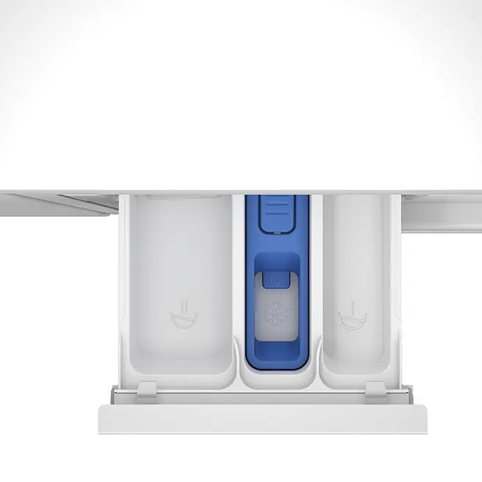 Beko Lavadora B3WBT48435WB - L x An x Al: 55 x 59,5 x 82 cm, 8 kg, 2.200 W - Cajón de detergente abierto de lavadora blanca con compartimento azul, marcado MAX y símbolos.