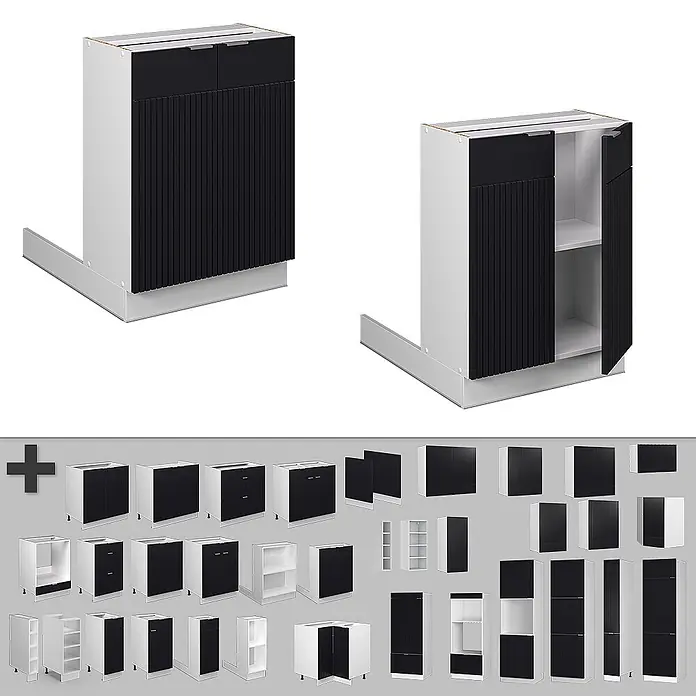 Vicco Inselküche Fame-Line Schwarz gestreift ohne Arbeitsplatte - Schwarz gestreift, Ohne Elektrogeräte - Schwarze gerippte Schrankfronten auf weißen modularen Küchenschränken.